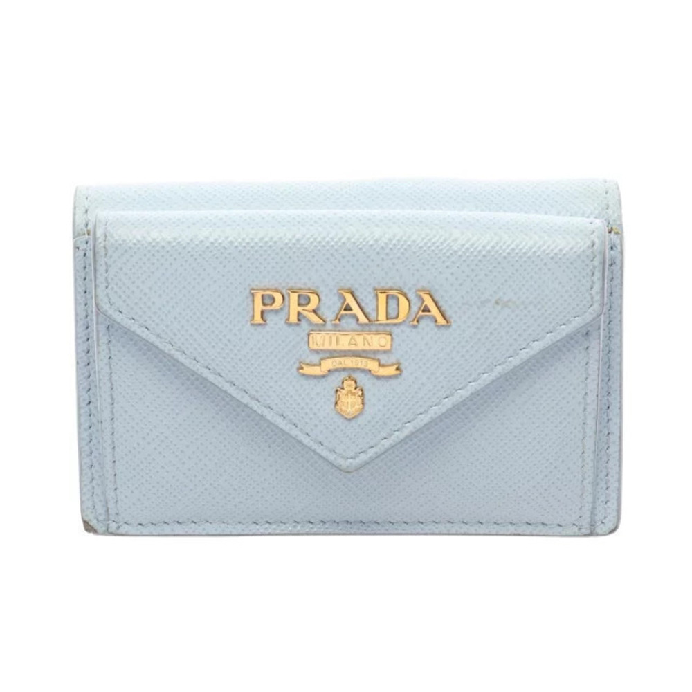 Prada SAFFIANO METAL Compact Wallet Tri fold Leather Blue